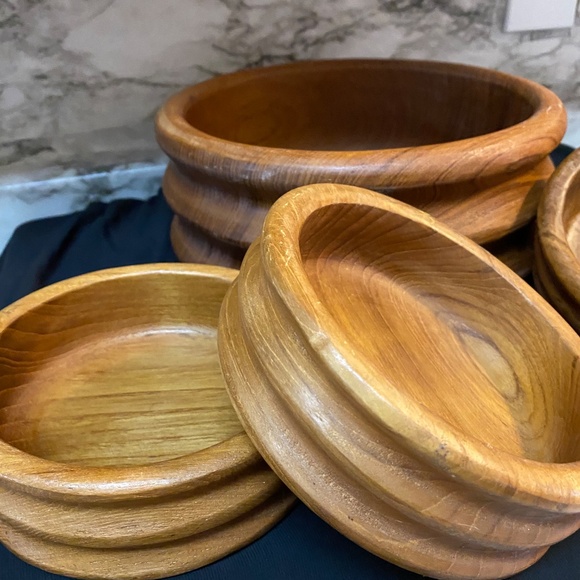 *01 Teak Wood salad bowl set 10" Serving Bowl 4 , 6" Salad Bowls Brown Wood - Picture 4 of 7